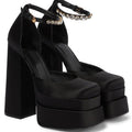 Super High Heel Platform Thick Heel Hollow Square Toe Satin Hate Sky High Baotou Plus Size Catwalk Sandals High Heels