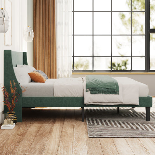 Double Bed Velvet Dark Green 4FT6 Upholstered Bed With Winged Headboard, Wood Slat Support