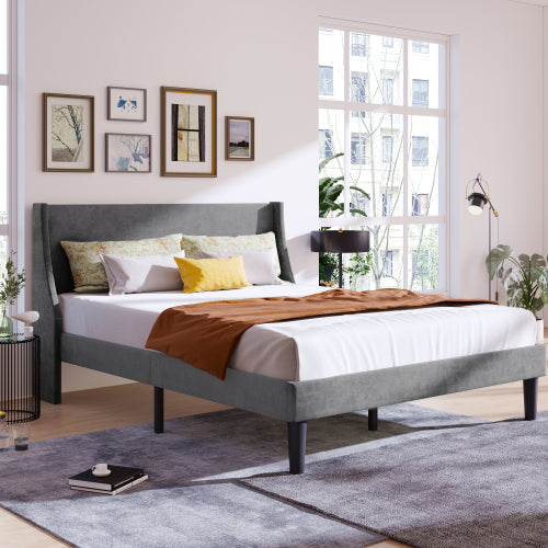 Double Bed Velvet Dark Green 4FT6 Upholstered Bed With Winged Headboard, Wood Slat Support