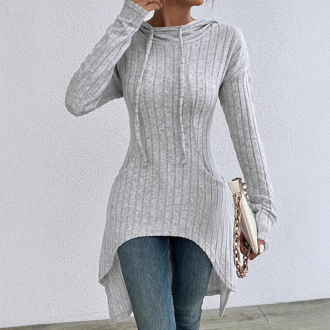 Irregular Mid-length Drawstring Long-sleeve Hoodie Jacket