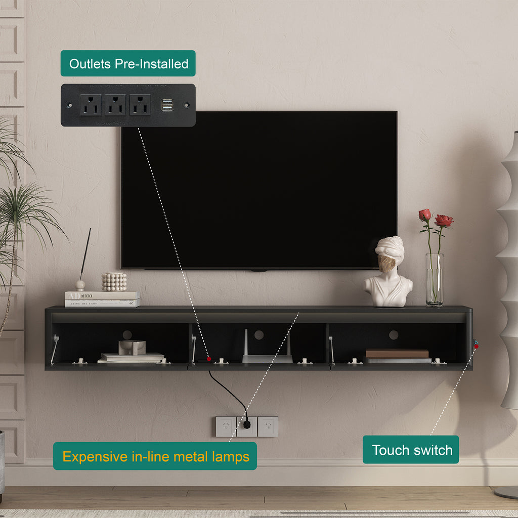 Floating TV Stand, Wall Mounted TV Shelf With Led Lights & Power Outlet,High Gloss TV Cabinet For Black Tv Stands For Living Room