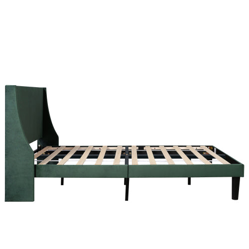 Double Bed Velvet Dark Green 4FT6 Upholstered Bed With Winged Headboard, Wood Slat Support