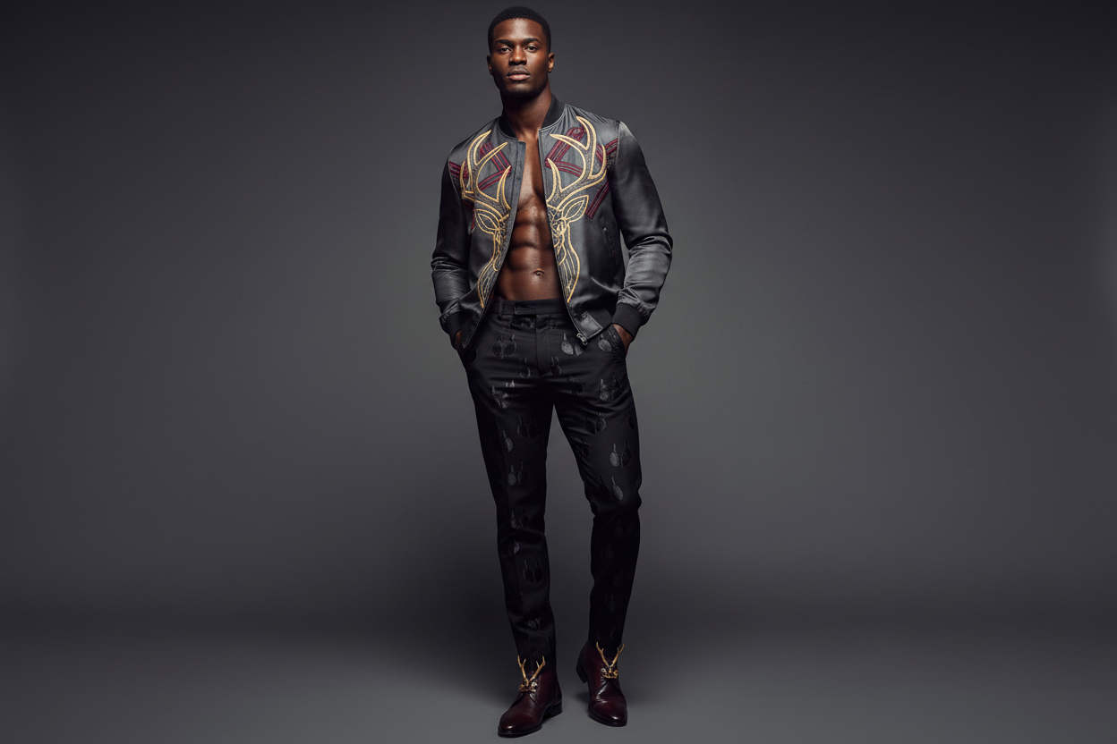 Athletic model in deer jacket with designer outfit