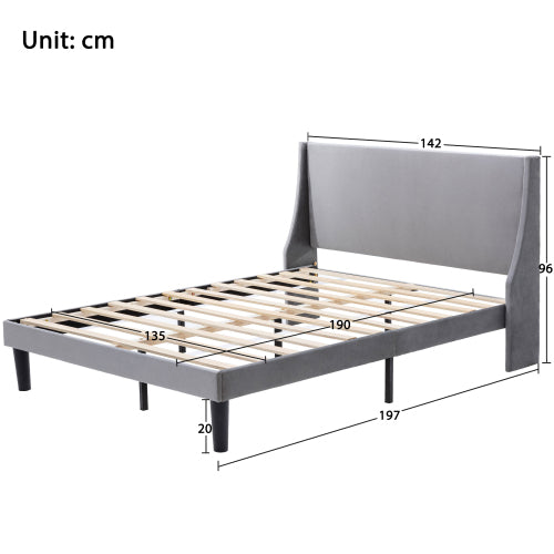 Double Bed Velvet Dark Green 4FT6 Upholstered Bed With Winged Headboard, Wood Slat Support