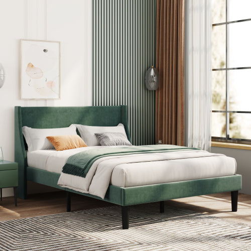 Double Bed Velvet Dark Green 4FT6 Upholstered Bed With Winged Headboard, Wood Slat Support