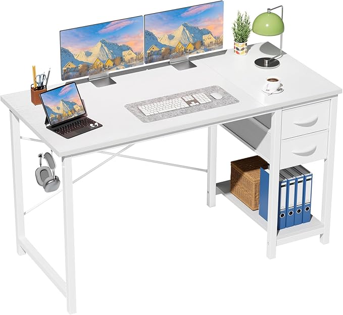 47-inch Computer Desk With Drawers, Featuring X-shaped Reinforcement Structure, Modern Wooden Study-work Desk  With Side Hooks